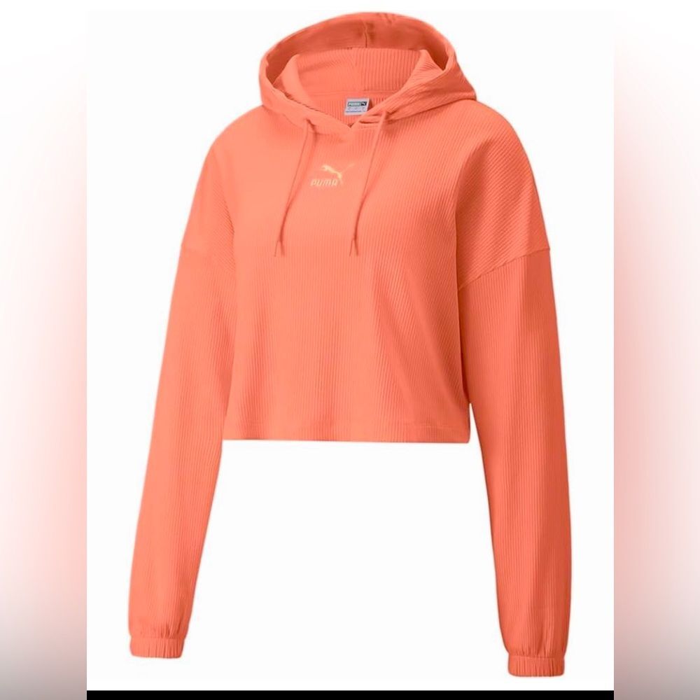 PUMA Classics Cropped Hoodie Orange XL Ribbed Y2K Athleisure Sweatshirt